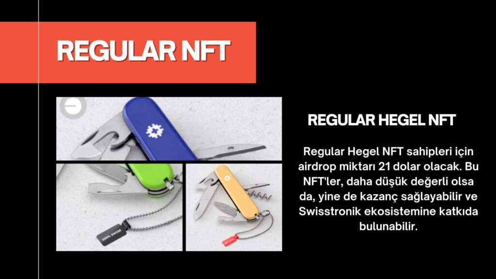 Regular Hegel NFT sahipleri için airdrop miktarı 21 dolar olacak. Bu NFT'ler, daha düşük değerli olsa da, yine de kazanç sağlayabilir ve Swisstronik ekosistemine katkıda bulunabilir.