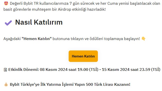 Bybit Türkiye Airdrop Cuma Airdrop etkinliği 500 TL airdrop kazan Bybit Türkiye kampanyaları Kripto ödülleri