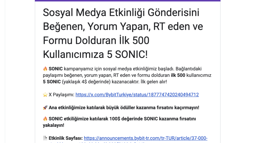 Bybit TR ödül etkinliği $SONIC ödülleri Bybit TR yatırım Bybit TR 100 $ yatırım Bybit TR ilk yatırma Bybit TR sosyal medya etkinliği